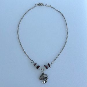 Mushroom Silver Tone With Garnet And Jadeite Nuggets On Chain 18”